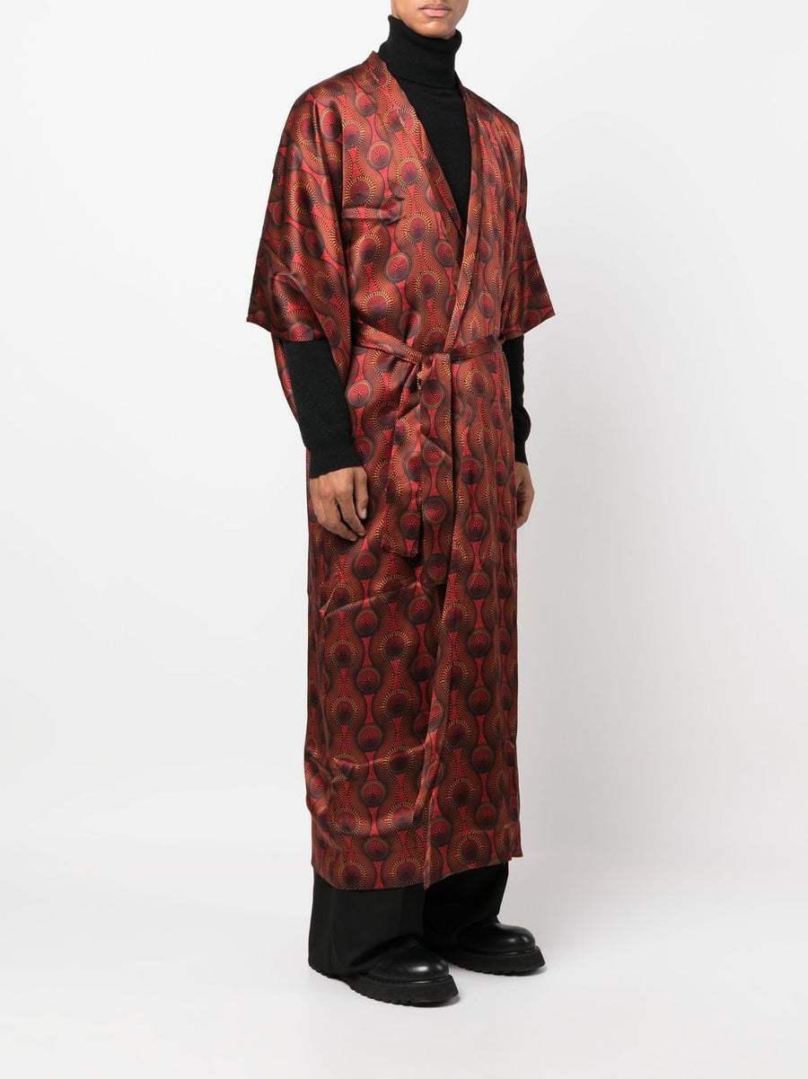 Ozwald Boateng Printed Silk Long Kimono For Men With Red Geometric Print Open Front Belted Luxury
