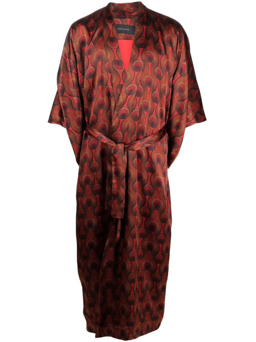Ozwald Boateng Printed Silk Long Kimono For Men With Red Geometric Print Open Front Belted Luxury