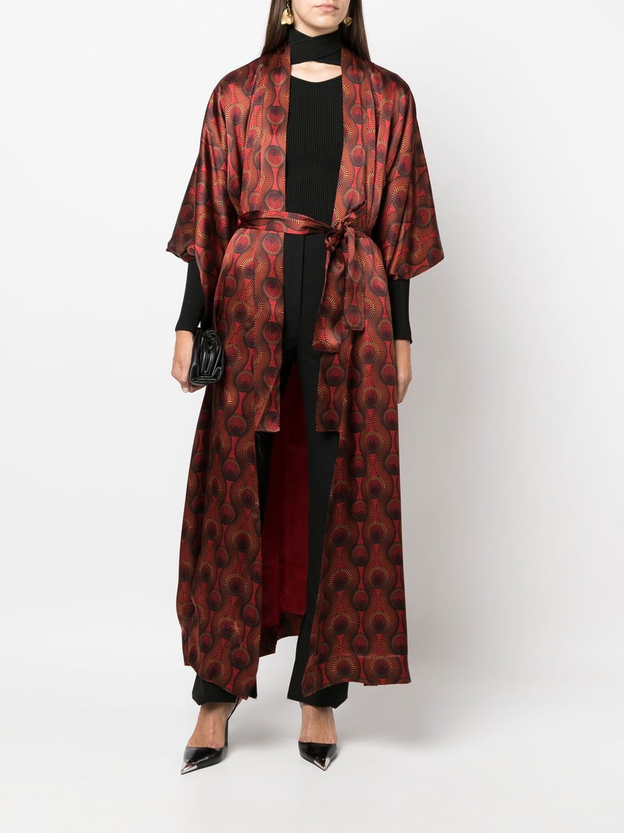 Ozwald Boateng Printed Silk Long Kimono For Men With Red Geometric Print Open Front Belted Luxury