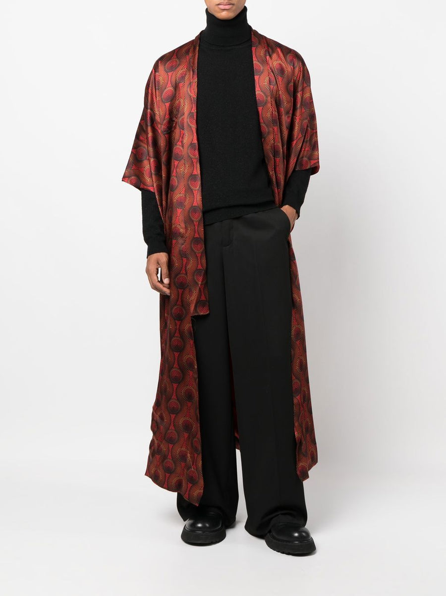 Ozwald Boateng Printed Silk Long Kimono For Men With Red Geometric Print Open Front Belted Luxury