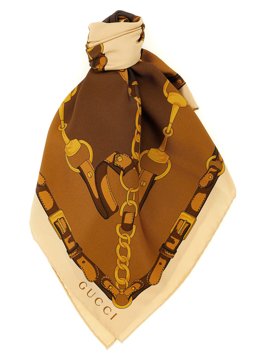 Gucci Morsetto Silk Square Scarf Brown One Size Print 100 Percent Silk