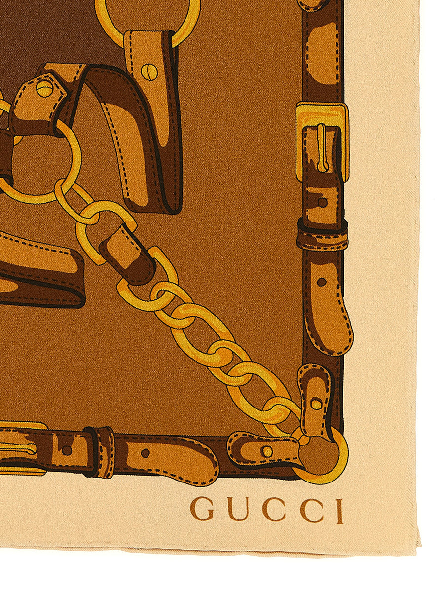 Gucci Morsetto Silk Square Scarf Brown One Size Print 100 Percent Silk