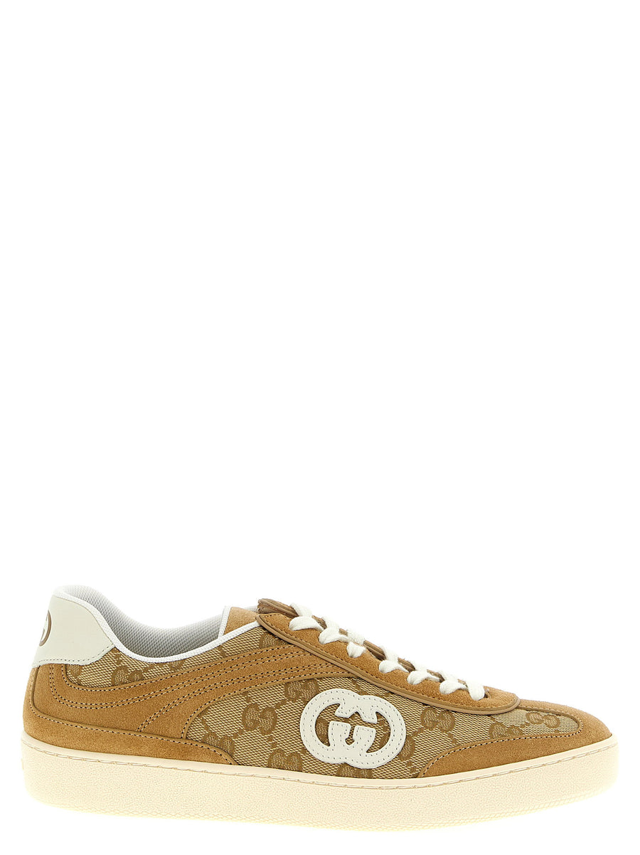 Gucci G75 Sneakers Beige Suede and GG Incrocio Patch Lace Up Closure