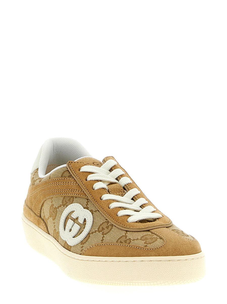 Gucci G75 Sneakers Beige Suede and GG Incrocio Patch Lace Up Closure
