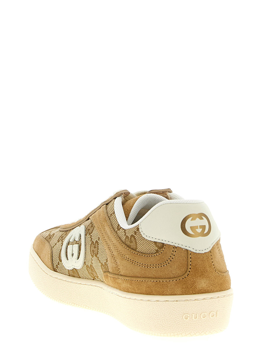 Gucci G75 Sneakers Beige Suede and GG Incrocio Patch Lace Up Closure