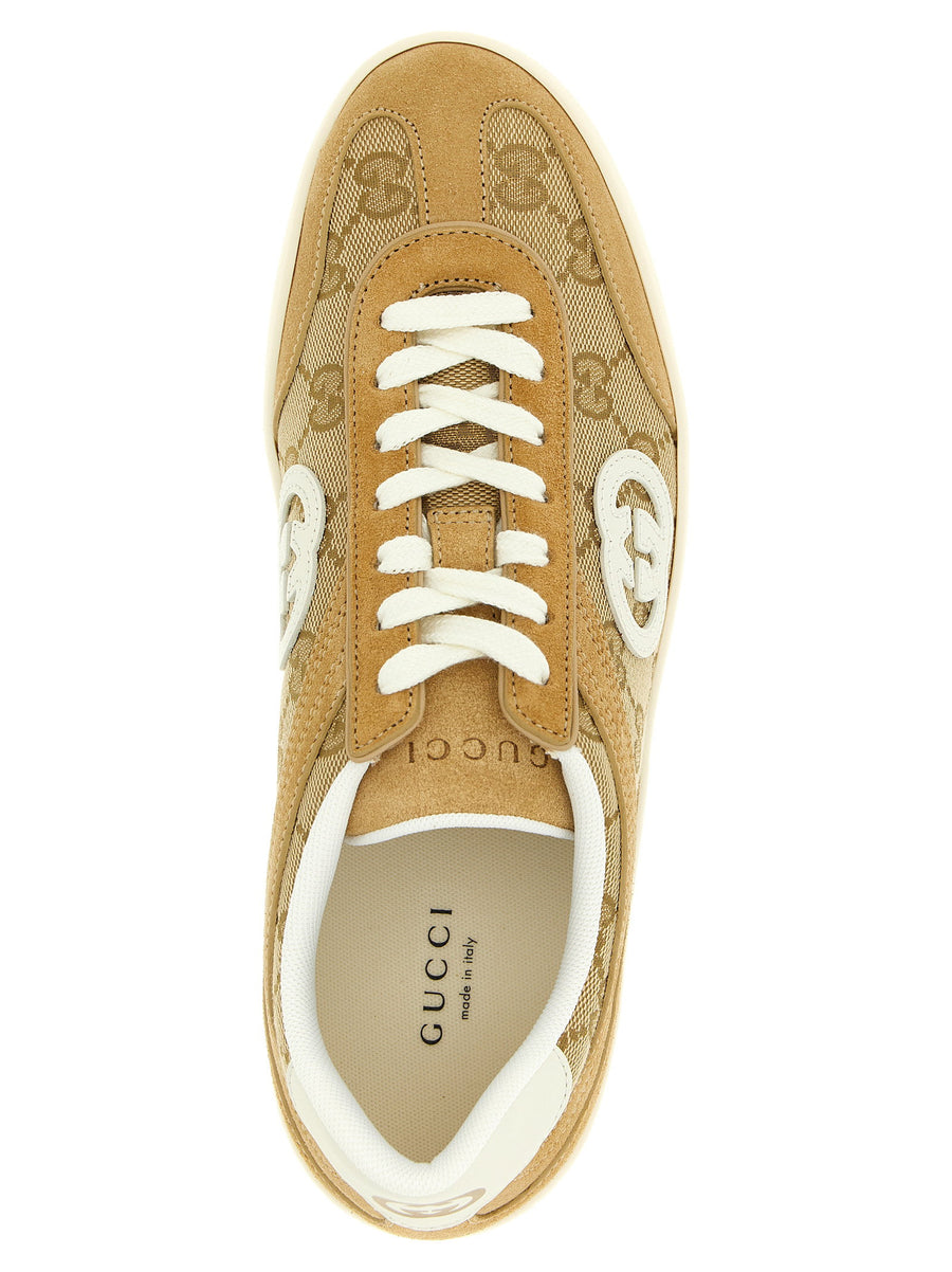 Gucci G75 Sneakers Beige Suede and GG Incrocio Patch Lace Up Closure