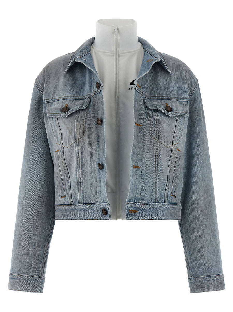Balenciaga Cropped Double Layer Denim Jacket For Women With Textured 100% Cotton