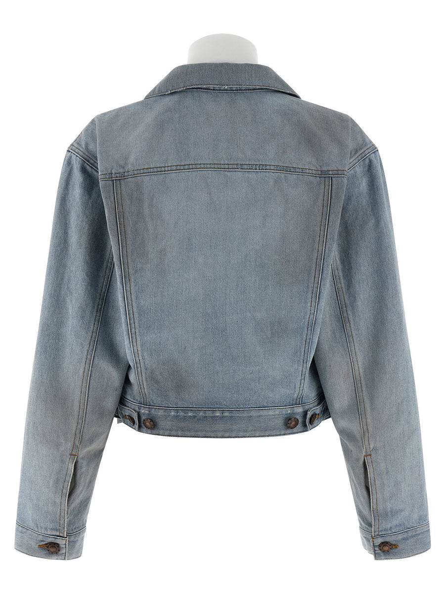 Balenciaga Cropped Double Layer Denim Jacket For Women With Textured 100% Cotton