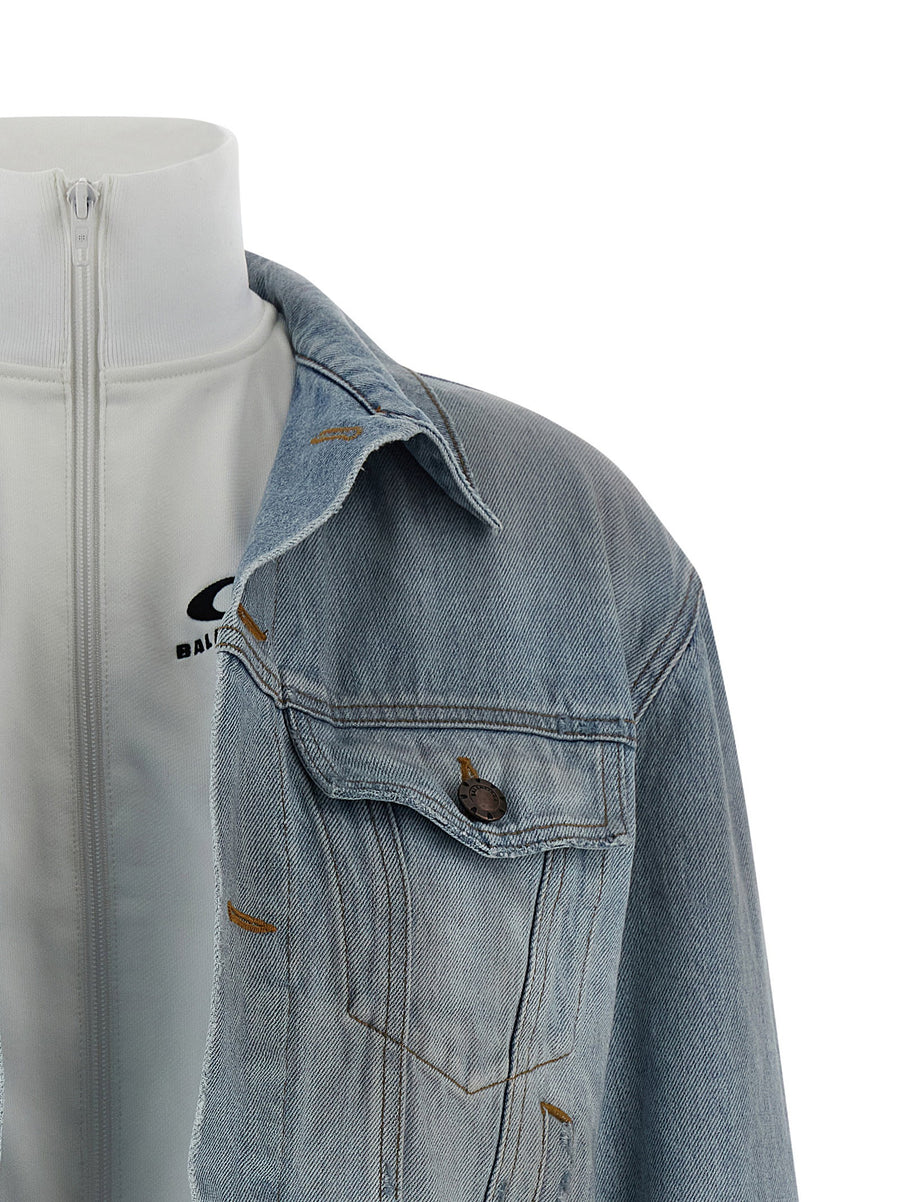 Balenciaga Cropped Double Layer Denim Jacket For Women With Textured 100% Cotton