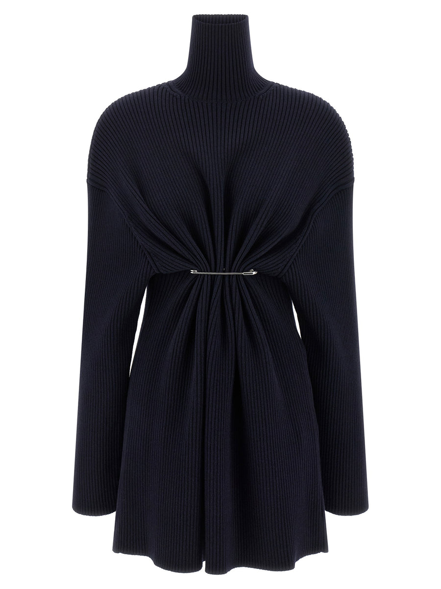 Balenciaga Pinched Dress Blue Wool Knit Mini With High Neck And Safety Pin Detail For Women