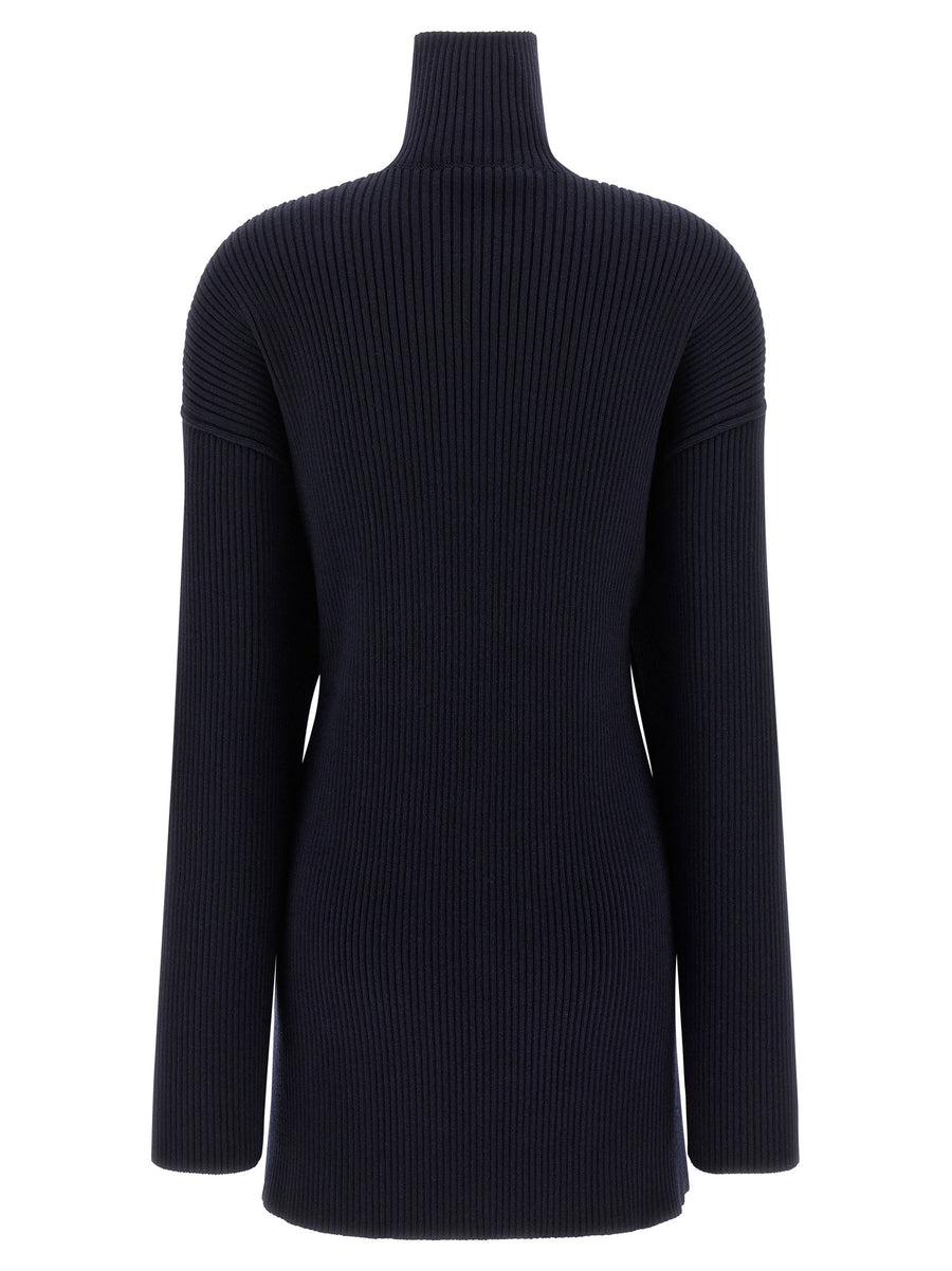 Balenciaga Pinched Dress Blue Wool Knit Mini With High Neck And Safety Pin Detail For Women