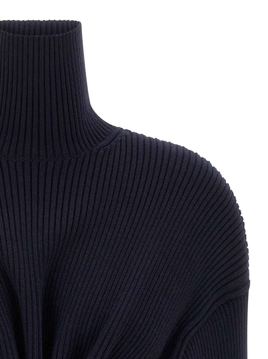 Balenciaga Pinched Dress Blue Wool Knit Mini With High Neck And Safety Pin Detail For Women