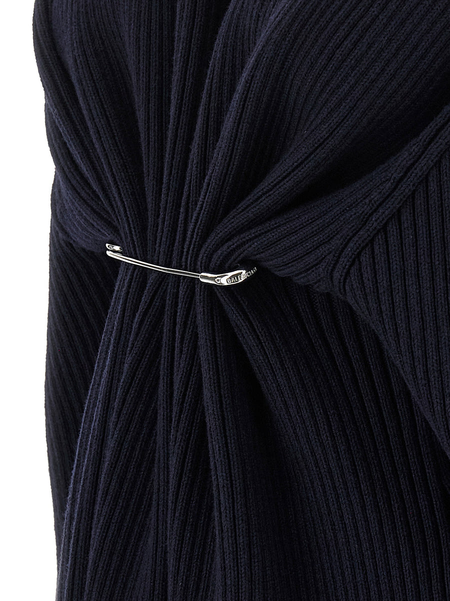 Balenciaga Pinched Dress Blue Wool Knit Mini With High Neck And Safety Pin Detail For Women