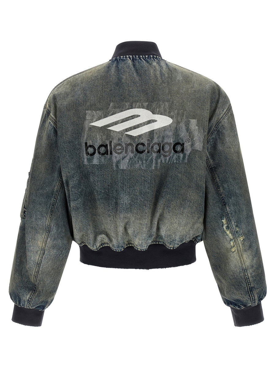 Balenciaga Bomber Jacket For Men Stonewashed Denim Silk Blend Lining With 3B Taped Back Embroidery