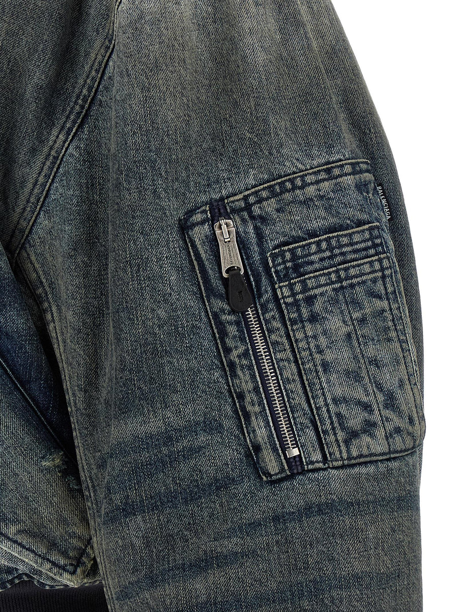 Balenciaga Bomber Jacket For Men Stonewashed Denim Silk Blend Lining With 3B Taped Back Embroidery