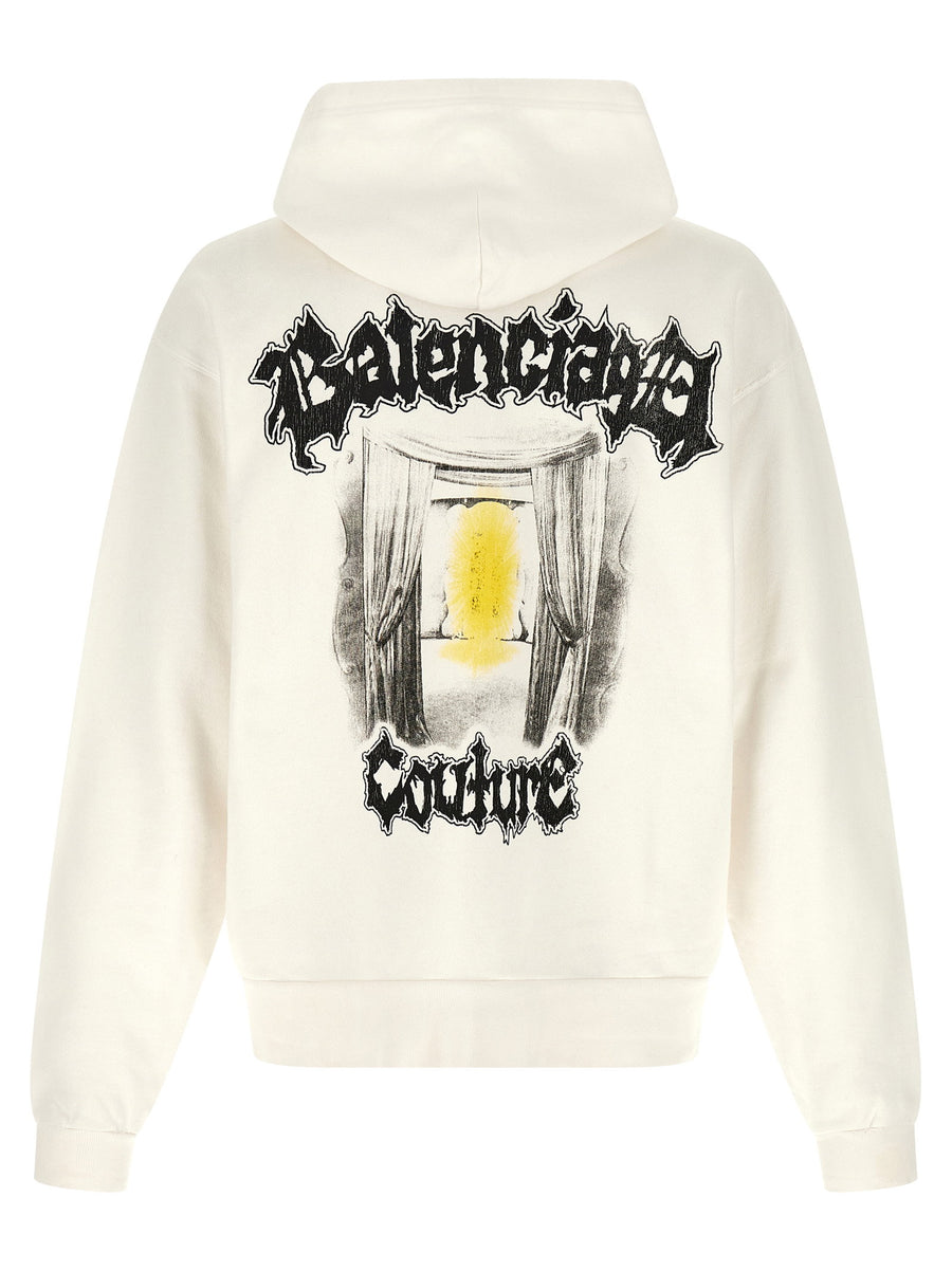Balenciaga Salon De Couture Hoodie White One Hundred Percent Cotton For Men With Bold Front And Back Prints