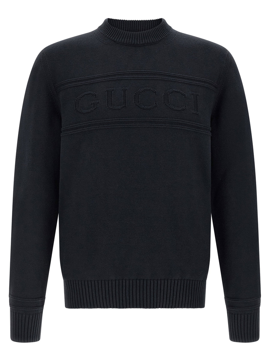 Gucci Blue Intarsia Cotton Wool Knit Sweater Crew Neck Topwear