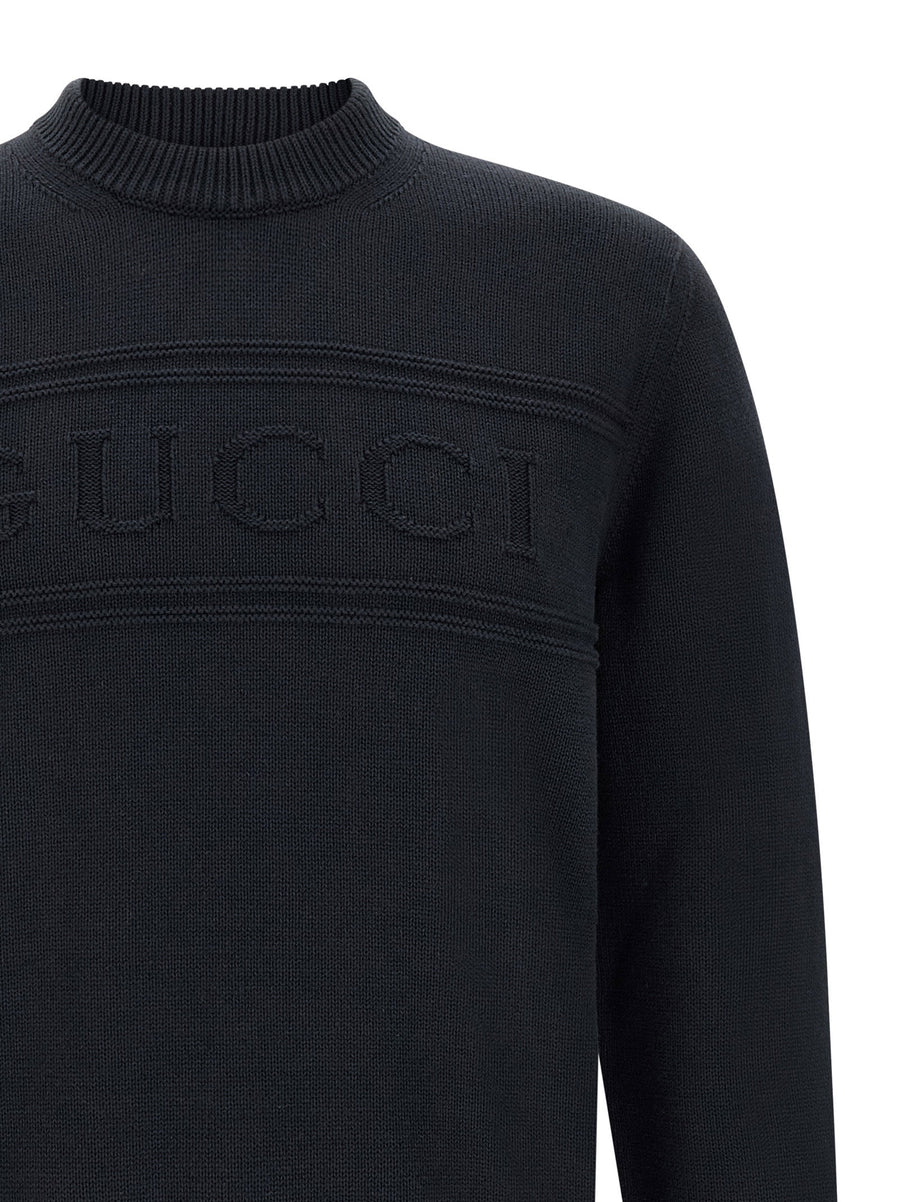 Gucci Blue Intarsia Cotton Wool Knit Sweater Crew Neck Topwear