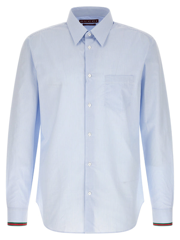 Gucci Light Blue Striped Cotton Shirt For Men Nastro Web Cuff Detail