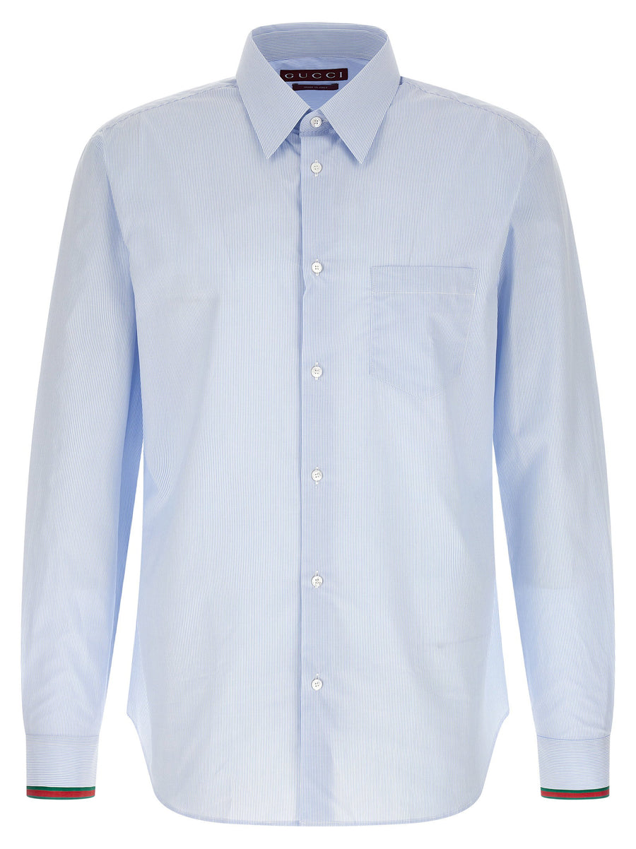 Gucci Light Blue Striped Cotton Shirt For Men Nastro Web Cuff Detail