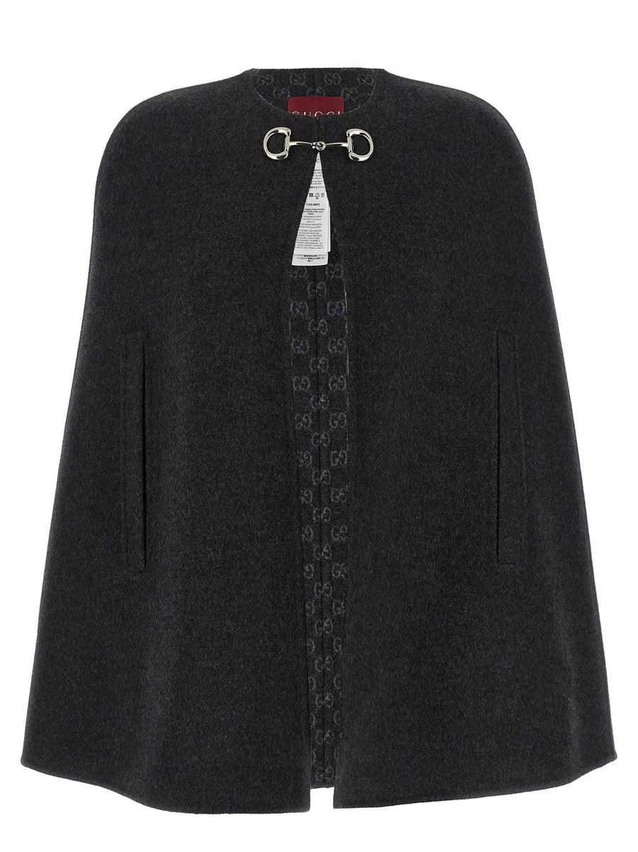 Gucci Morsetto Gray Wool Silk Cape Interlocking Closure