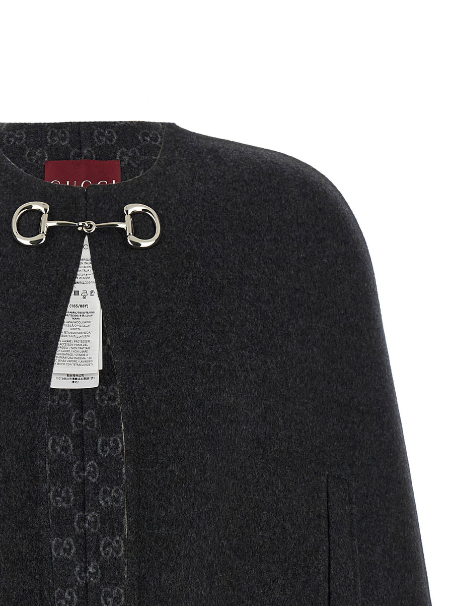 Gucci Morsetto Gray Wool Silk Cape Interlocking Closure