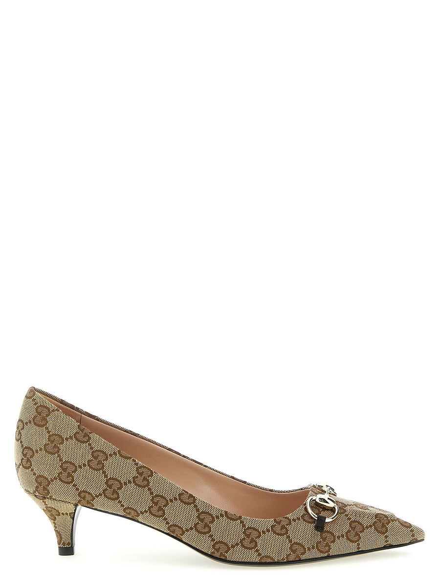 Gucci Morsetto Pumps Beige GG Fabric Leather Lining Pointed Toe Cone Heel