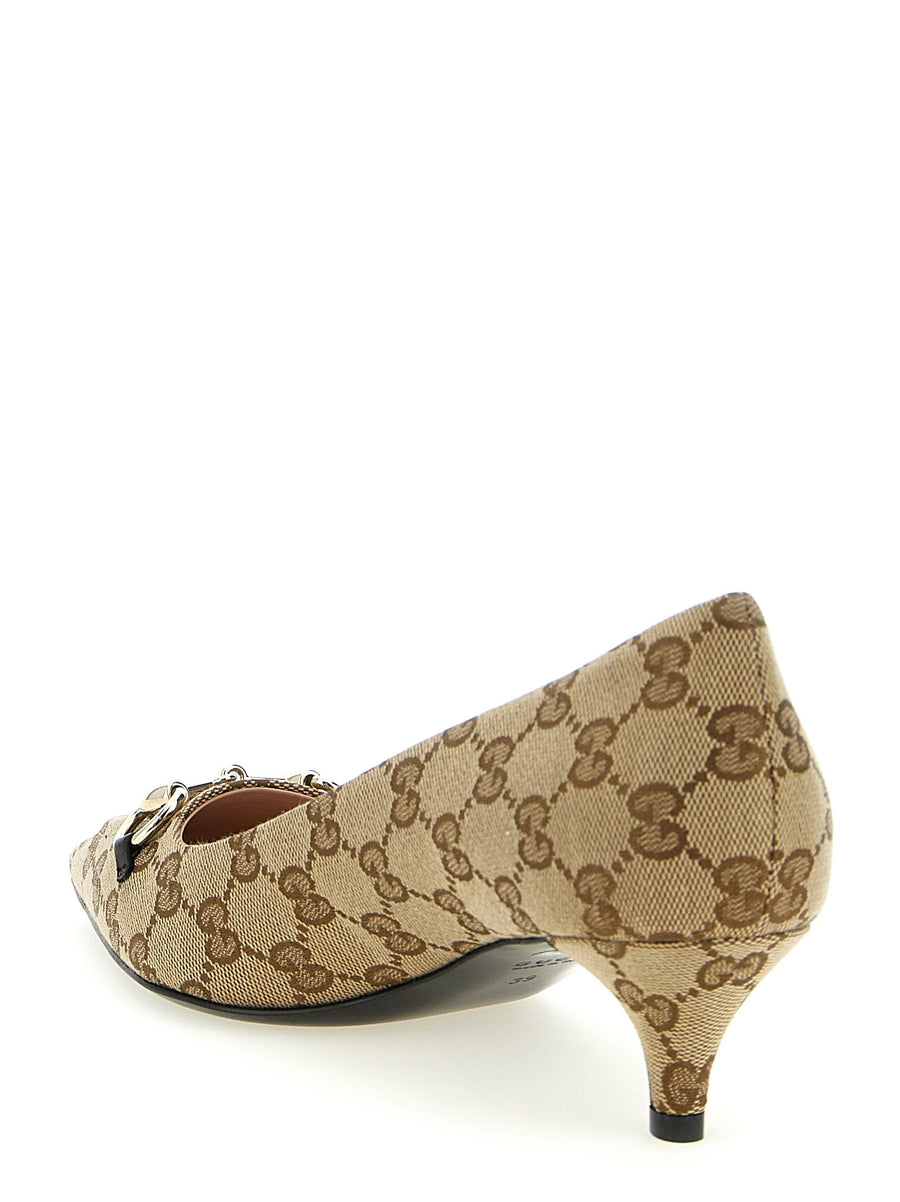 Gucci Morsetto Pumps Beige GG Fabric Leather Lining Pointed Toe Cone Heel