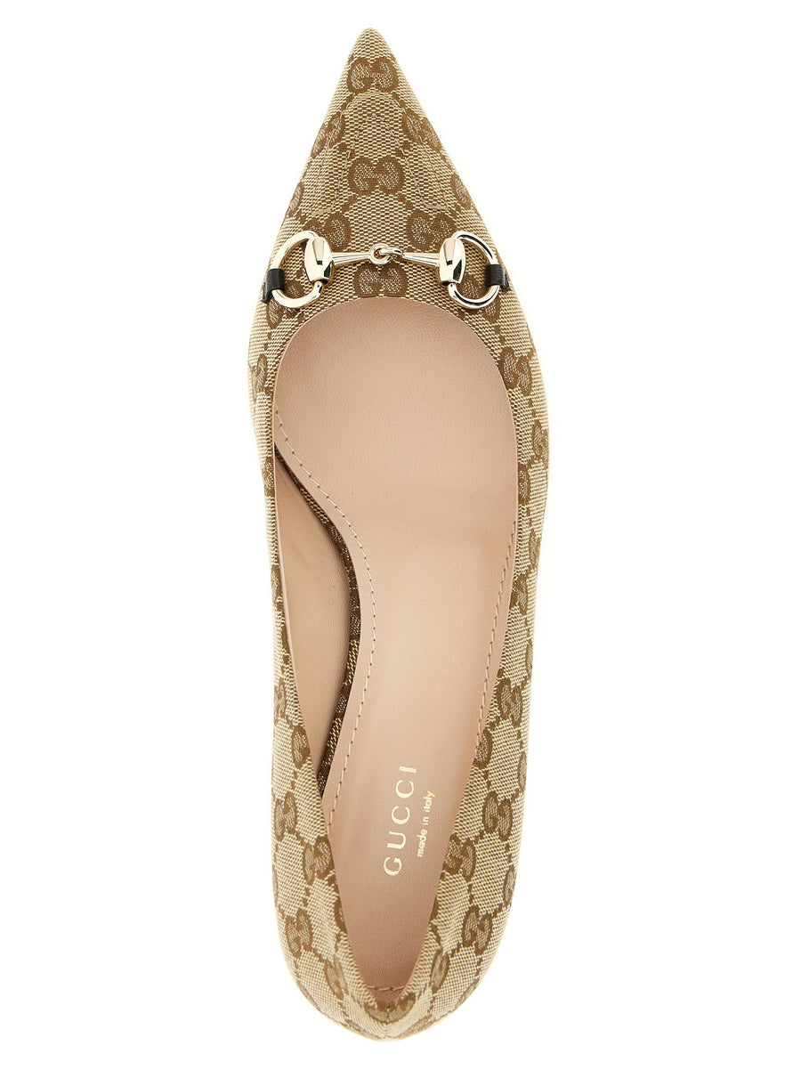 Gucci Morsetto Pumps Beige GG Fabric Leather Lining Pointed Toe Cone Heel