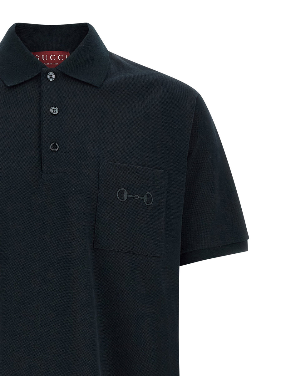Gucci Morsetto Embroidered Polo Shirt Blue Stretch Cotton Pique