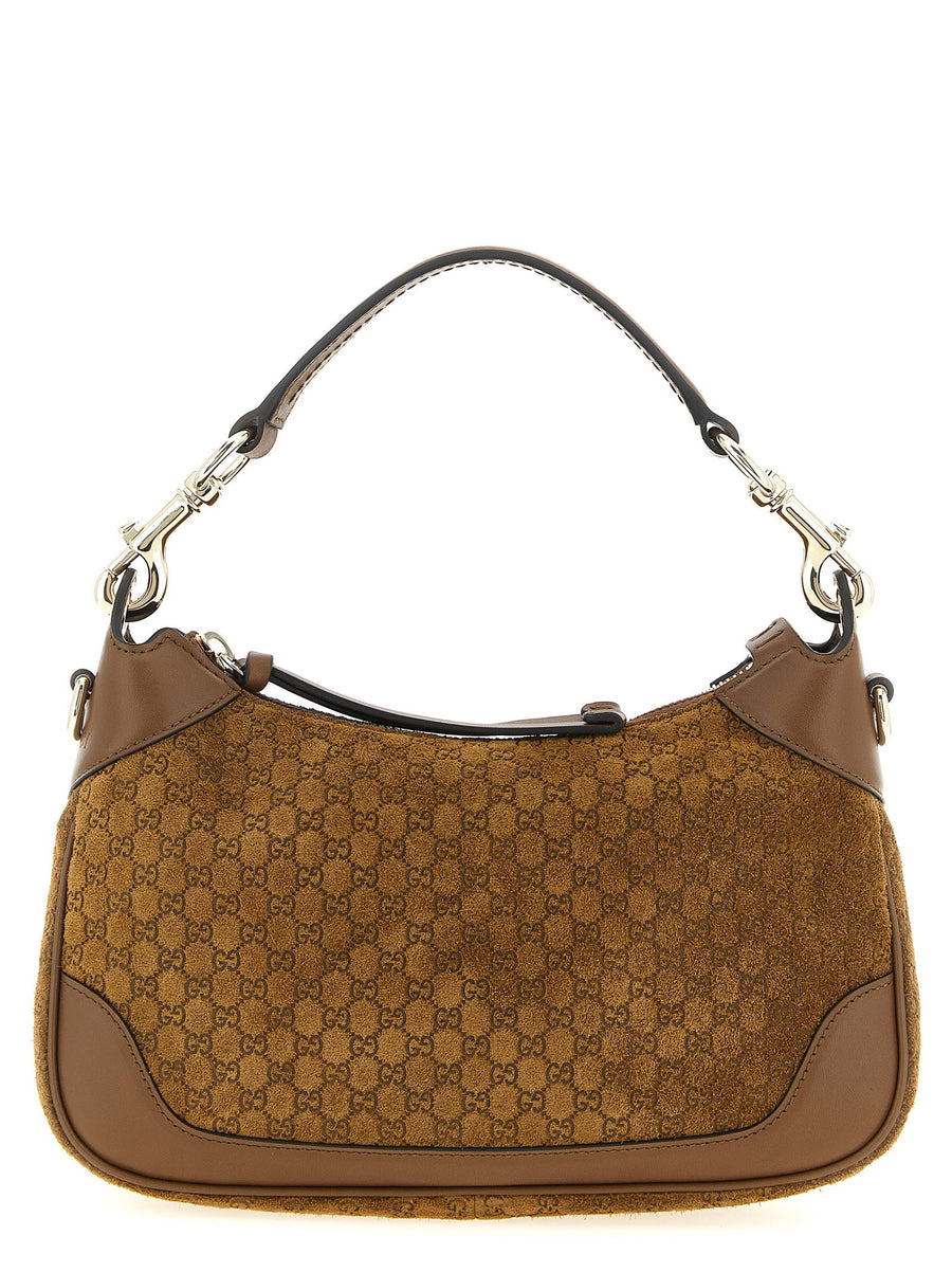 Gucci B Small Suede Shoulder Bag Micro GG Pattern Brown For Women Top Zip Removable Strap