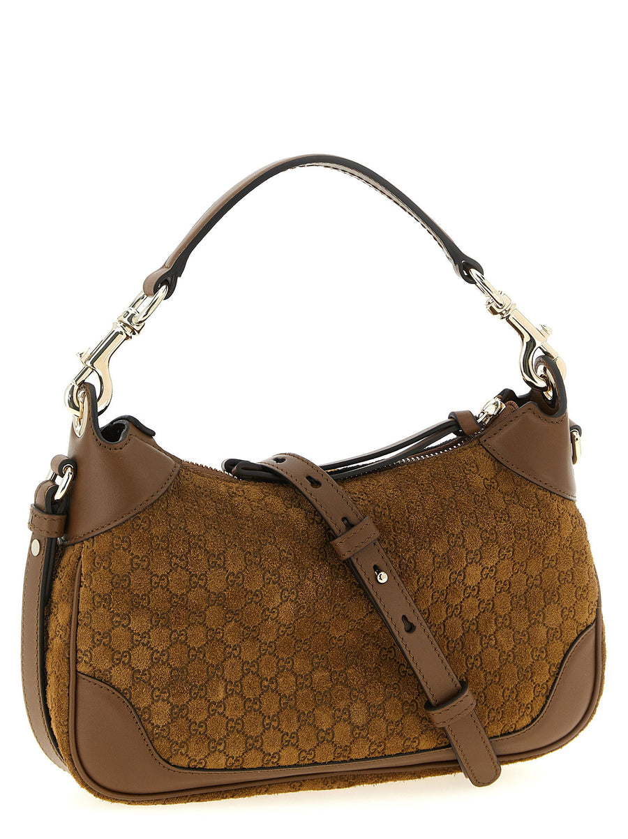 Gucci B Small Suede Shoulder Bag Micro GG Pattern Brown For Women Top Zip Removable Strap