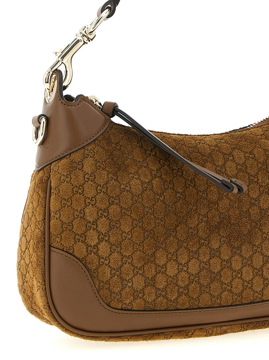 Gucci B Small Suede Shoulder Bag Micro GG Pattern Brown For Women Top Zip Removable Strap