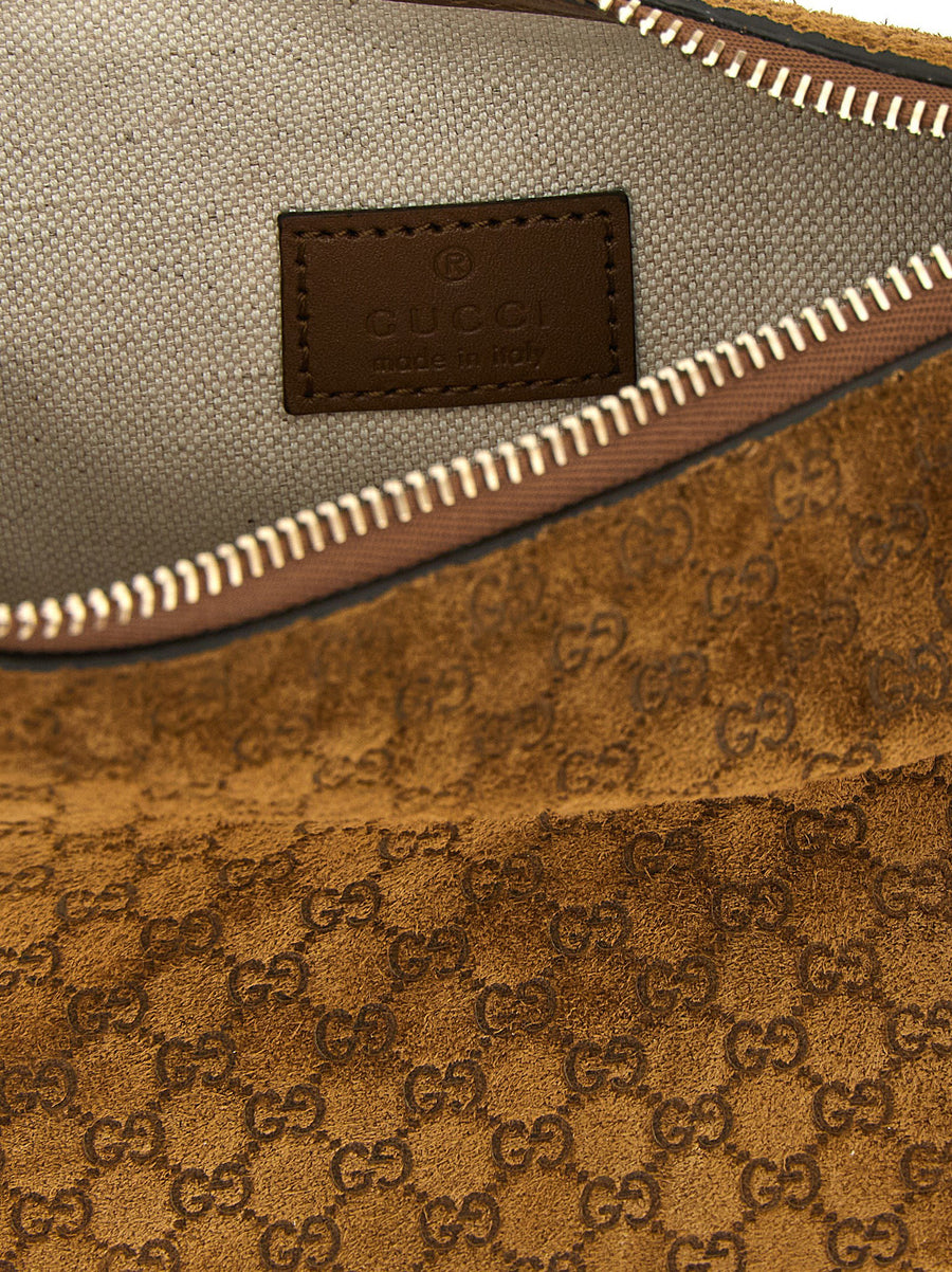 Gucci B Small Suede Shoulder Bag Micro GG Pattern Brown For Women Top Zip Removable Strap