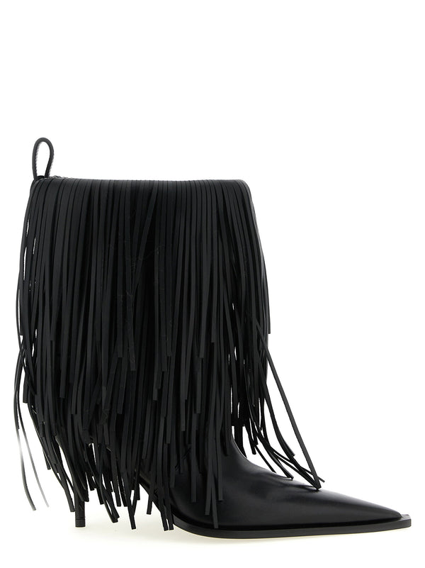 Balenciaga Avenue Fringe Black Calfskin Leather Ankle Boots Knife Heel