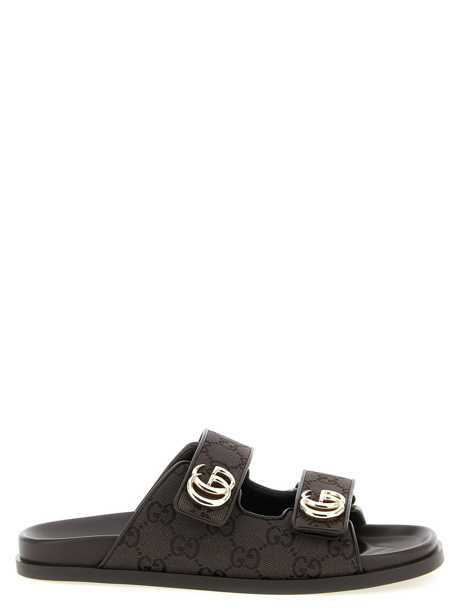 Gucci Doppia G GG Fabric Slides With Adjustable Velcro Straps For Women Brown