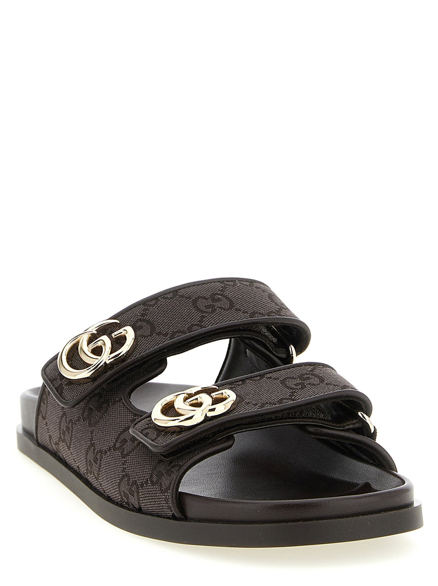 Gucci Doppia G GG Fabric Slides With Adjustable Velcro Straps For Women Brown
