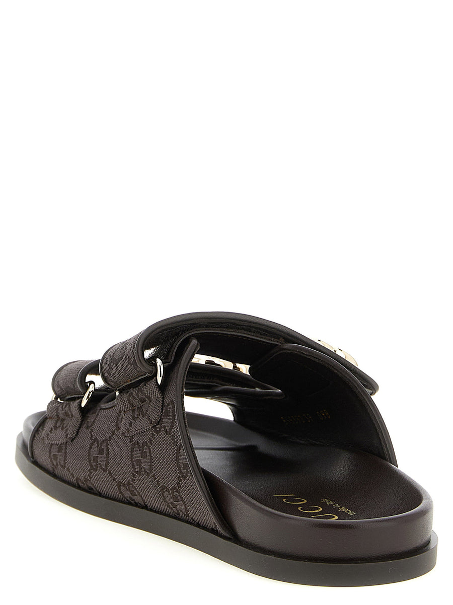 Gucci Doppia G GG Fabric Slides With Adjustable Velcro Straps For Women Brown