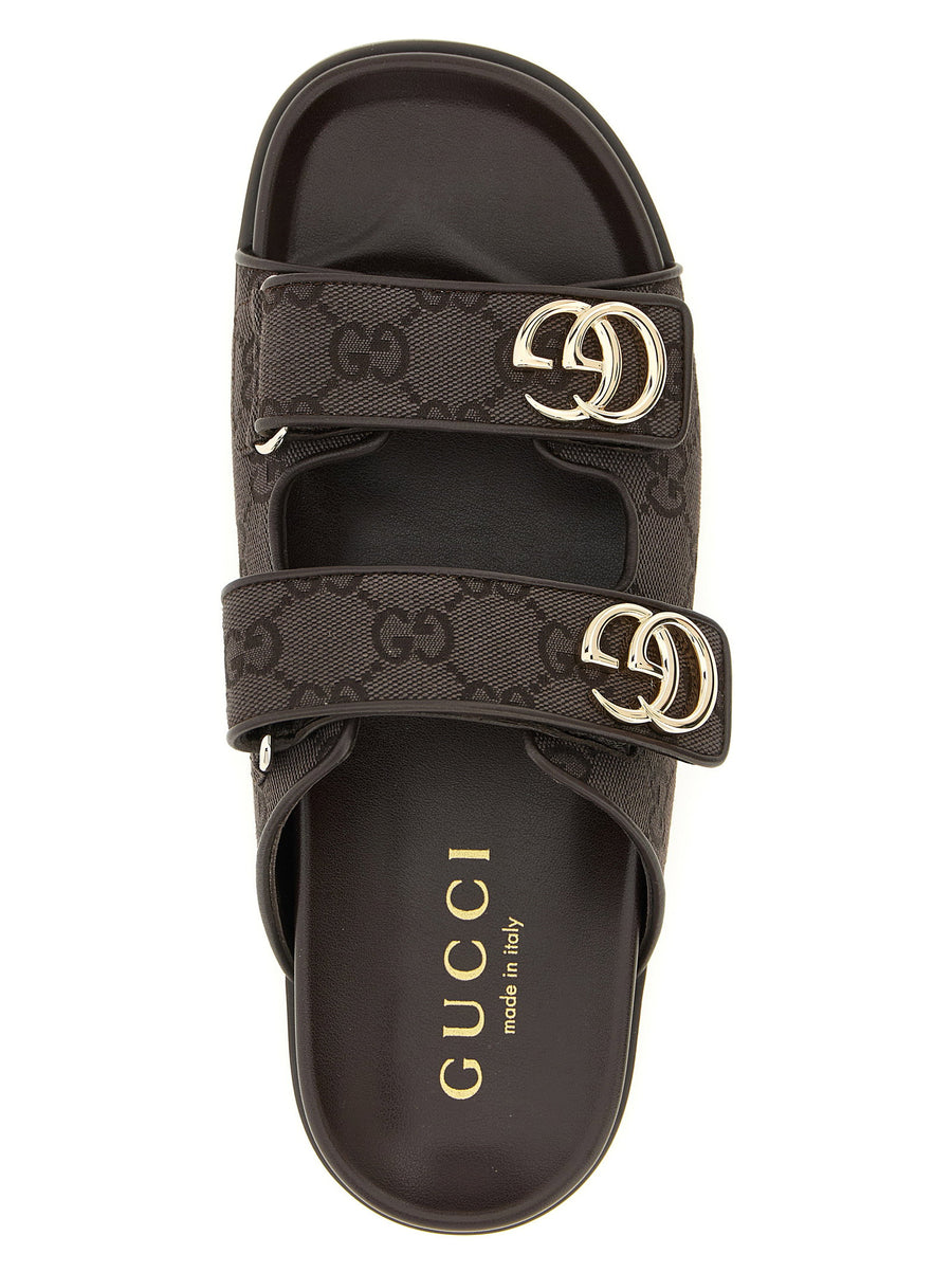 Gucci Doppia G GG Fabric Slides With Adjustable Velcro Straps For Women Brown