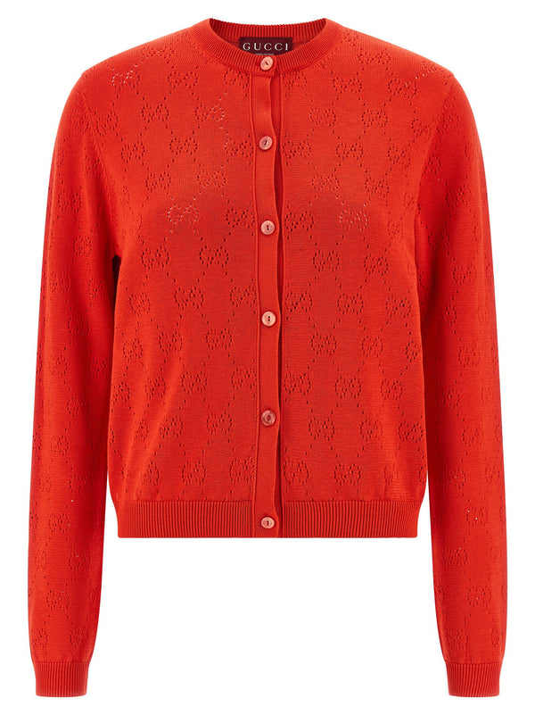 Gucci Openwork GG Cardigan in Red Silk and Cotton Blend