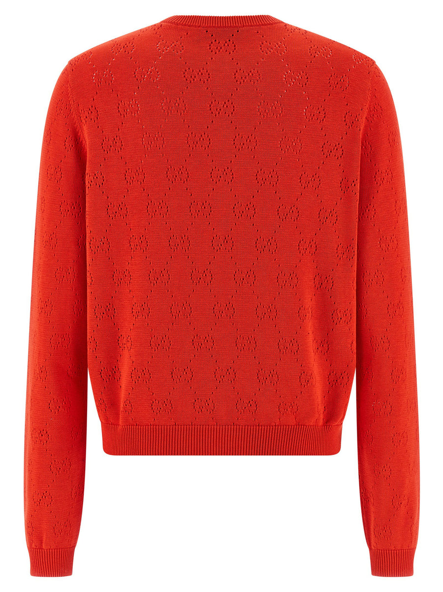Gucci Openwork GG Cardigan in Red Silk and Cotton Blend