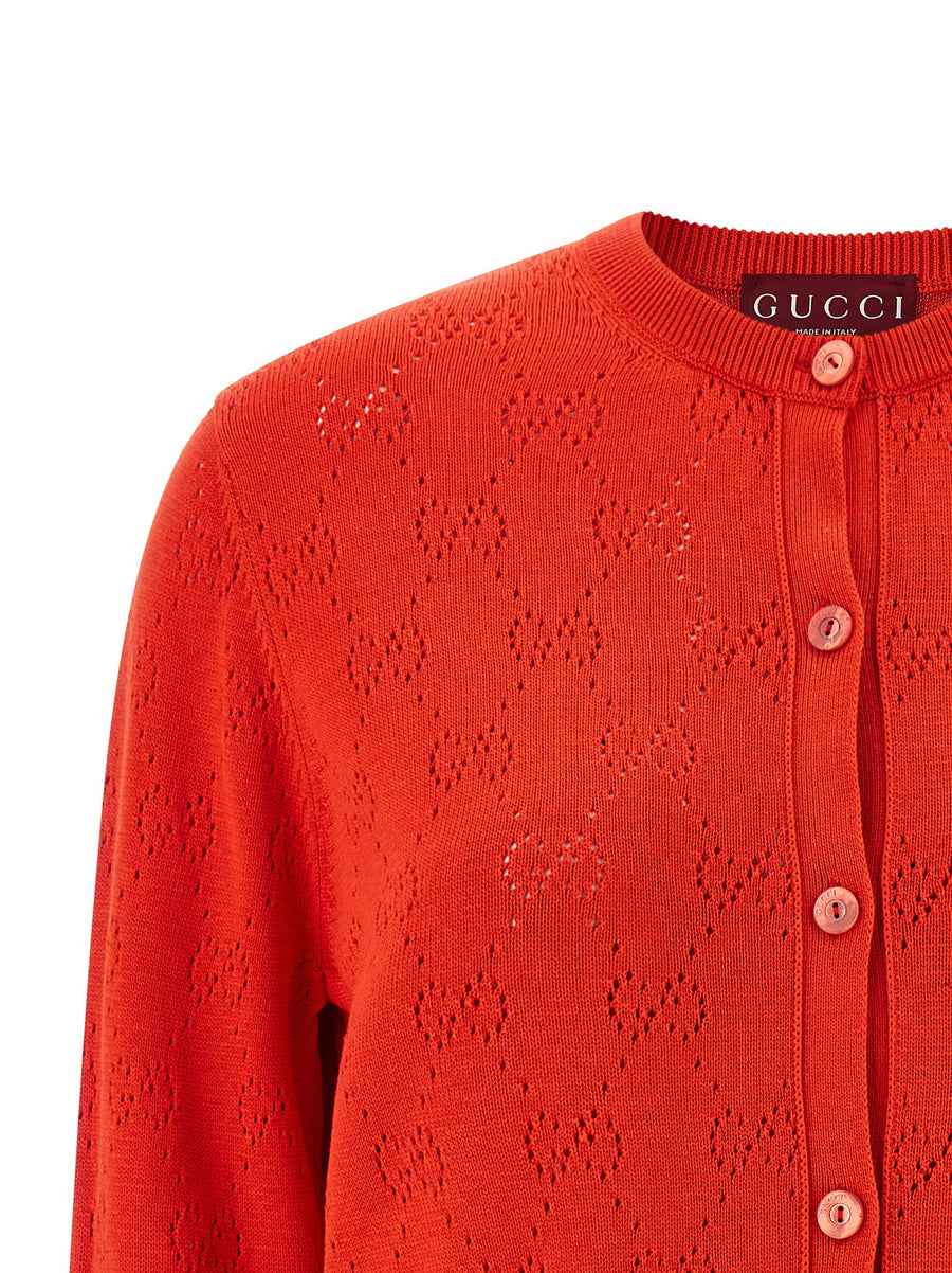 Gucci Openwork GG Cardigan in Red Silk and Cotton Blend