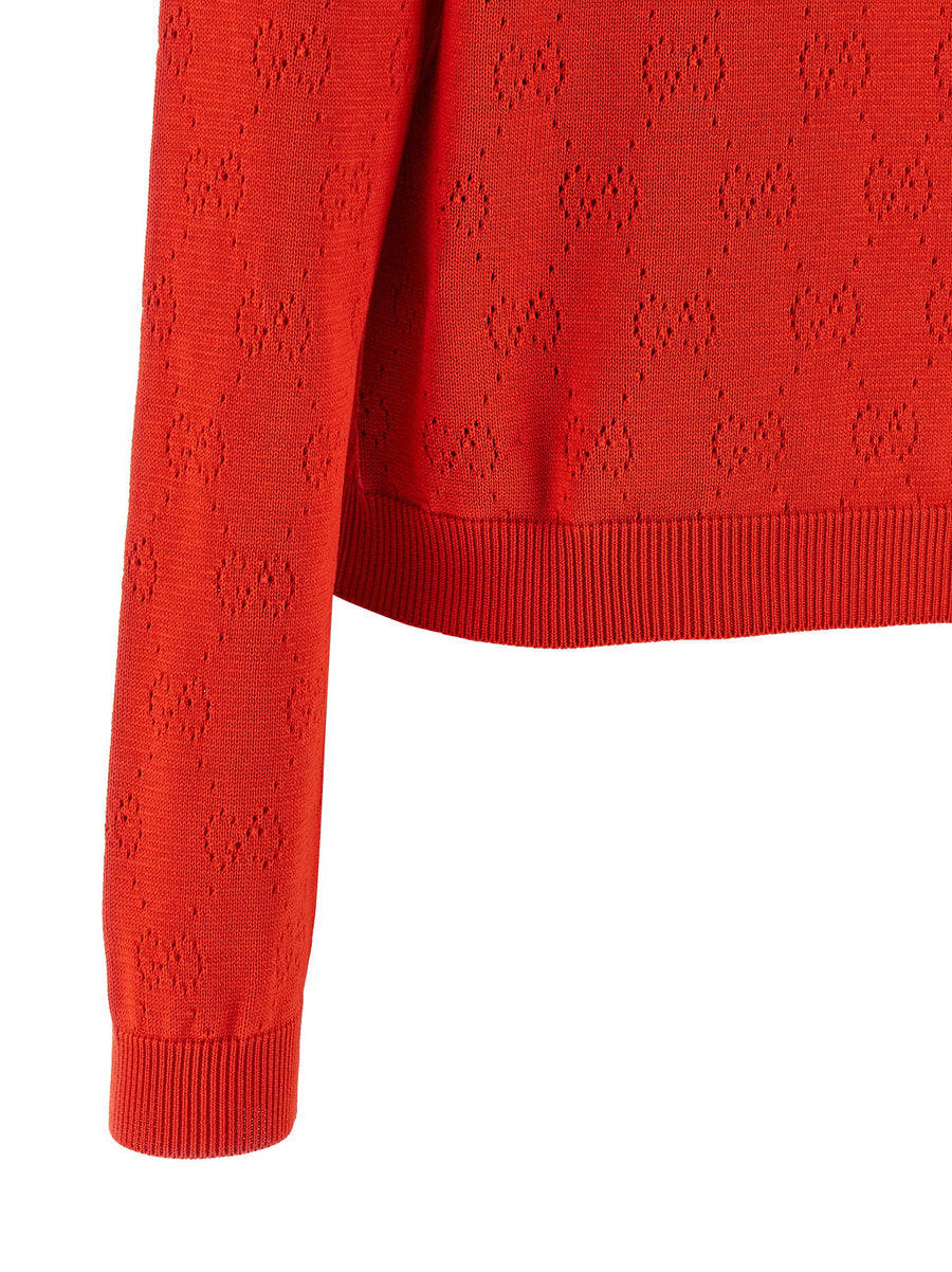 Gucci Openwork GG Cardigan in Red Silk and Cotton Blend