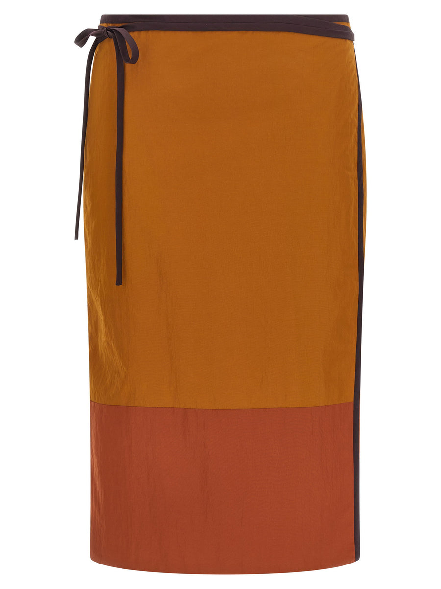 Saint Laurent Pencil Skirt Color Block Nylon Wrinkled Midi With Pockets Tie Closure For Women
