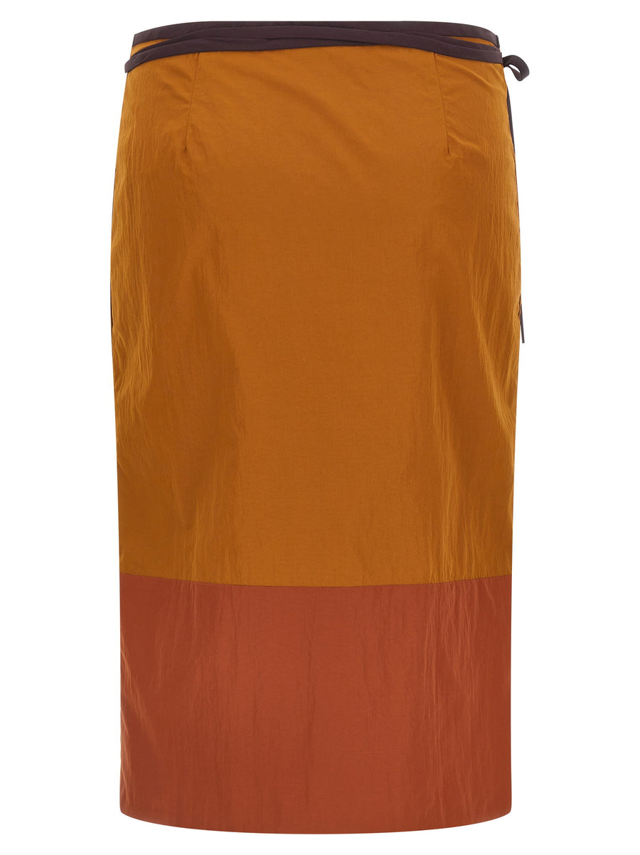 Saint Laurent Pencil Skirt Color Block Nylon Wrinkled Midi With Pockets Tie Closure For Women