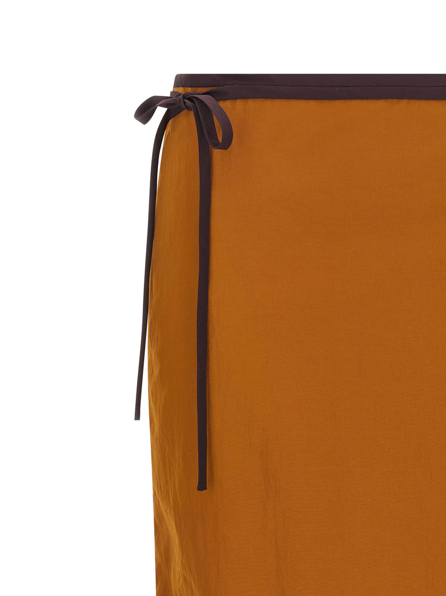 Saint Laurent Pencil Skirt Color Block Nylon Wrinkled Midi With Pockets Tie Closure For Women