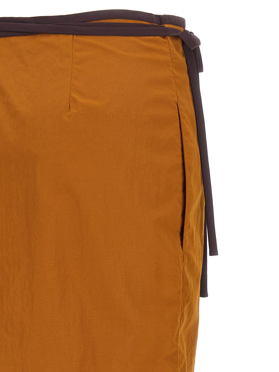 Saint Laurent Pencil Skirt Color Block Nylon Wrinkled Midi With Pockets Tie Closure For Women