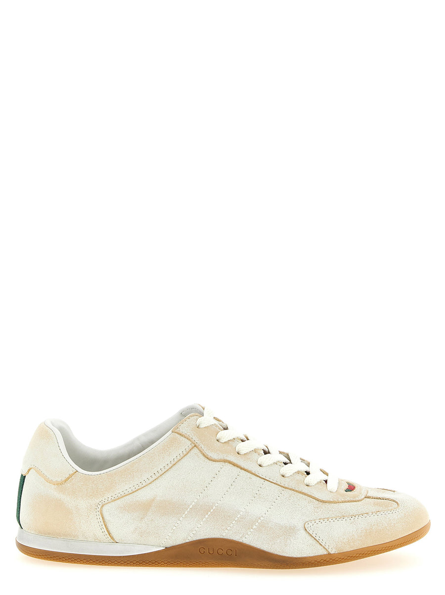 Gucci Shift Sneakers Ultralight Delave Beige Calfskin Leather With Web Ribbon For Women Luxury Comfort