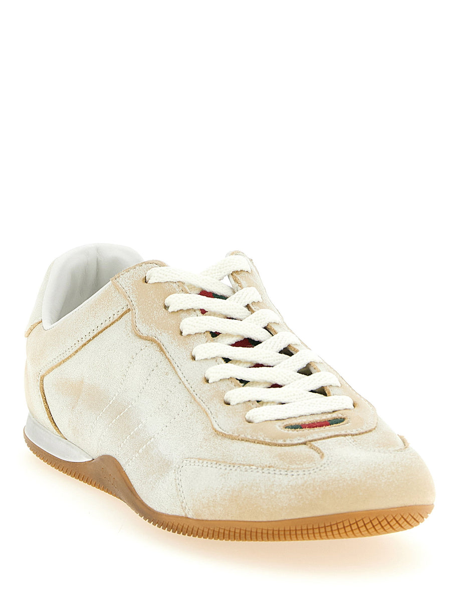 Gucci Shift Sneakers Ultralight Delave Beige Calfskin Leather With Web Ribbon For Women Luxury Comfort