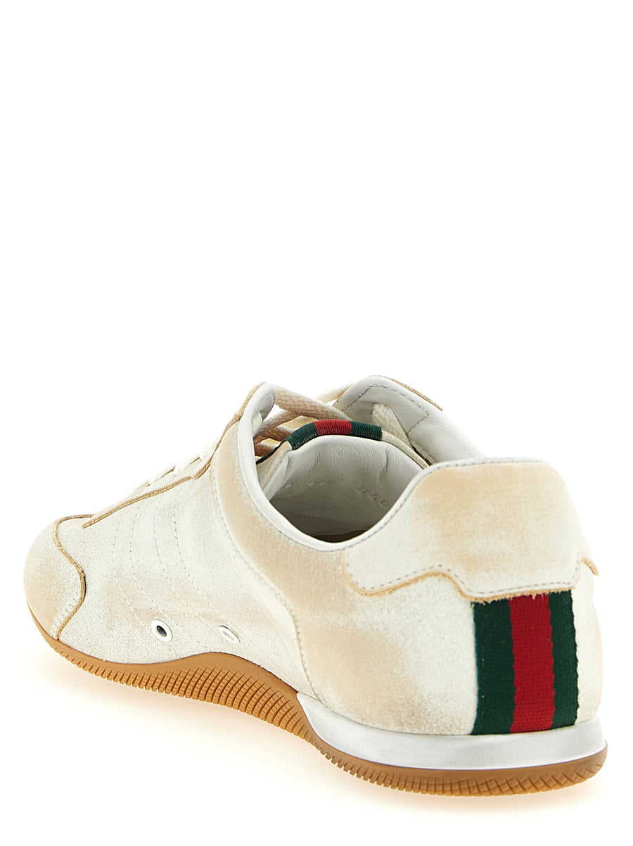 Gucci Shift Sneakers Ultralight Delave Beige Calfskin Leather With Web Ribbon For Women Luxury Comfort